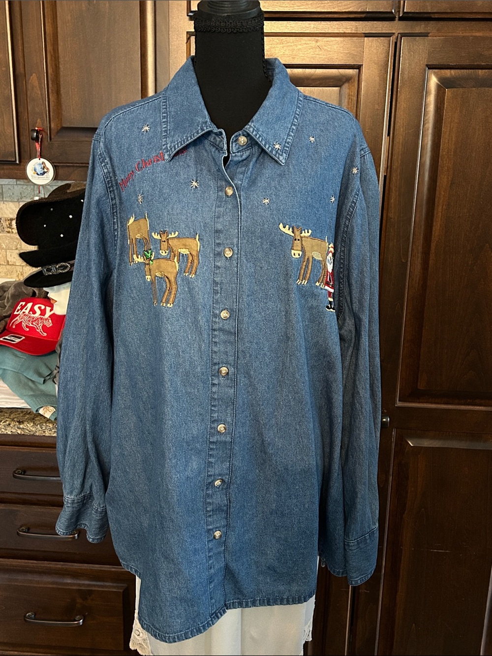 90’s Novelty Christmas Appliqué Denim Shirt Sz L - Blue with Holiday Reindeer